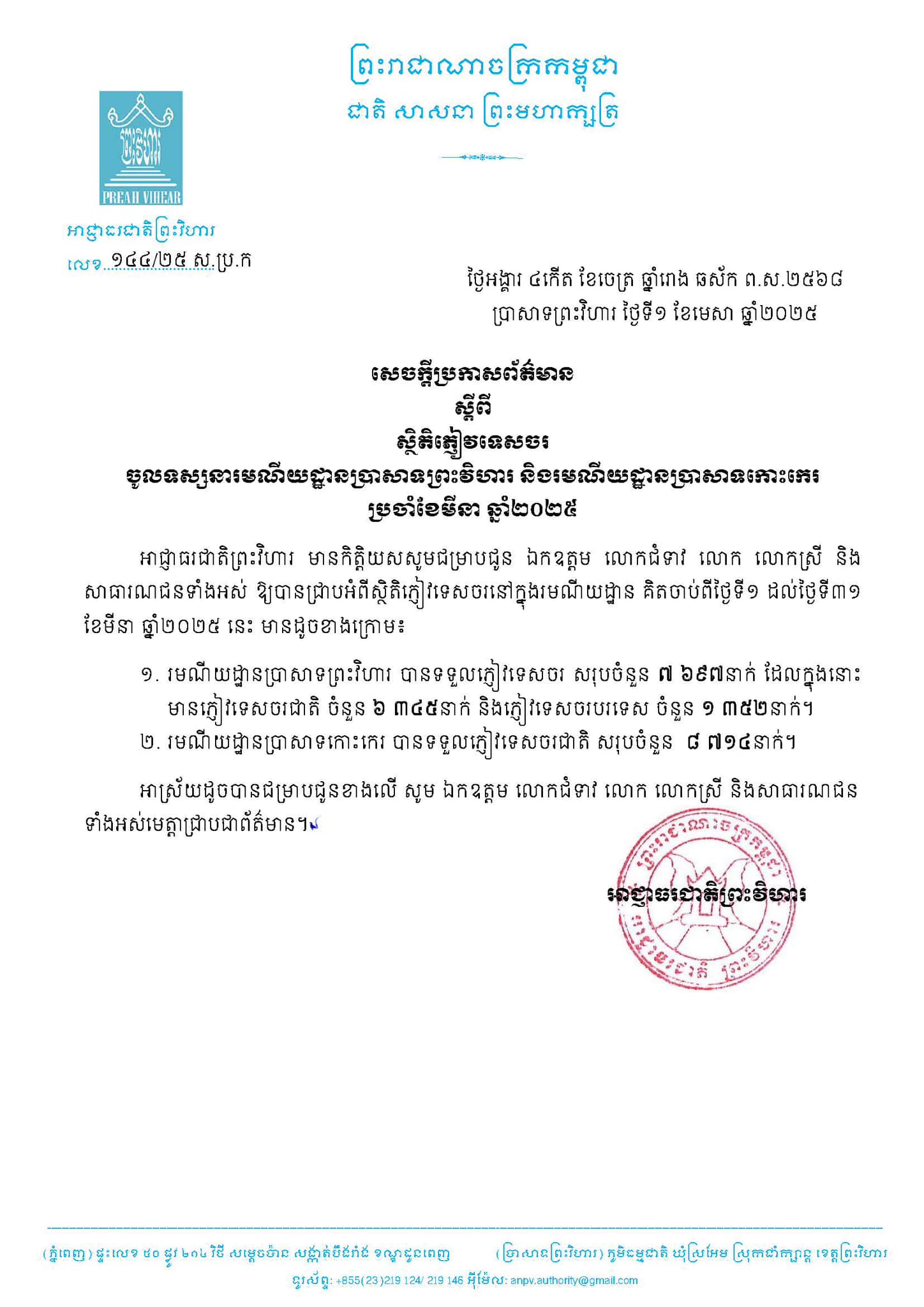 សេចក្តីប្រកាសព័ត៌មានស្ដីពីស្ថិតិភ្ញៀវទេសចរចូលទស្សនារមណីយដ្ឋានប្រាសាទព្រះវិហារ និងរមណីយដ្ឋានប្រាសាទកោះកេរ ប្រចាំខែមីនា ឆ្នាំ២០២៥